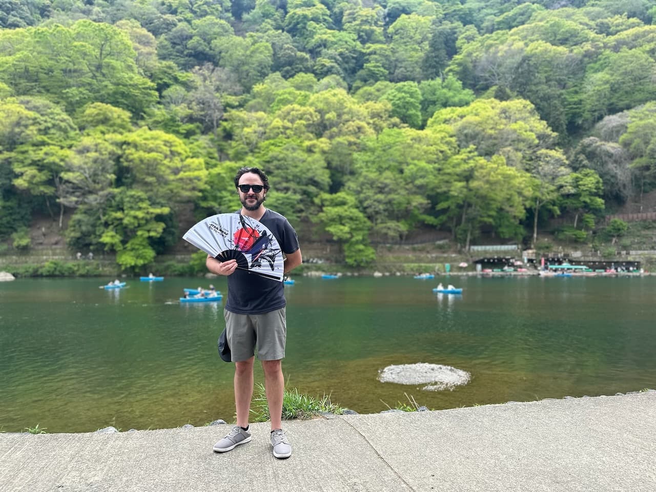 Shawn getting a lot of use out of his Star Wars Celebration fan on the Katsura River in Kyoto, Japan