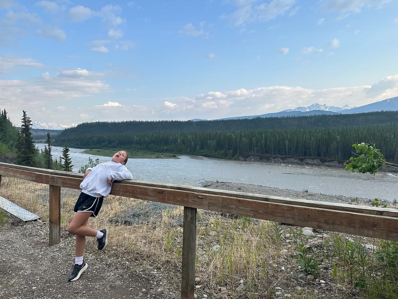 Sam looking on dramatically at the Nenana River in Denali National Park