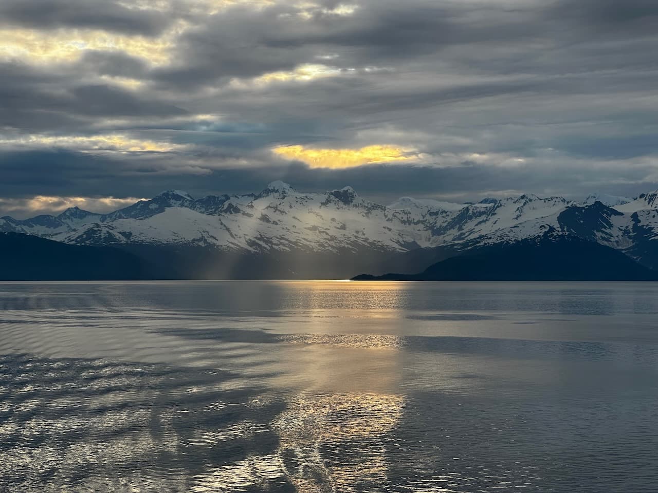 Gorgeous views of the mountains during a sunset as we departed Whittier, Alaska