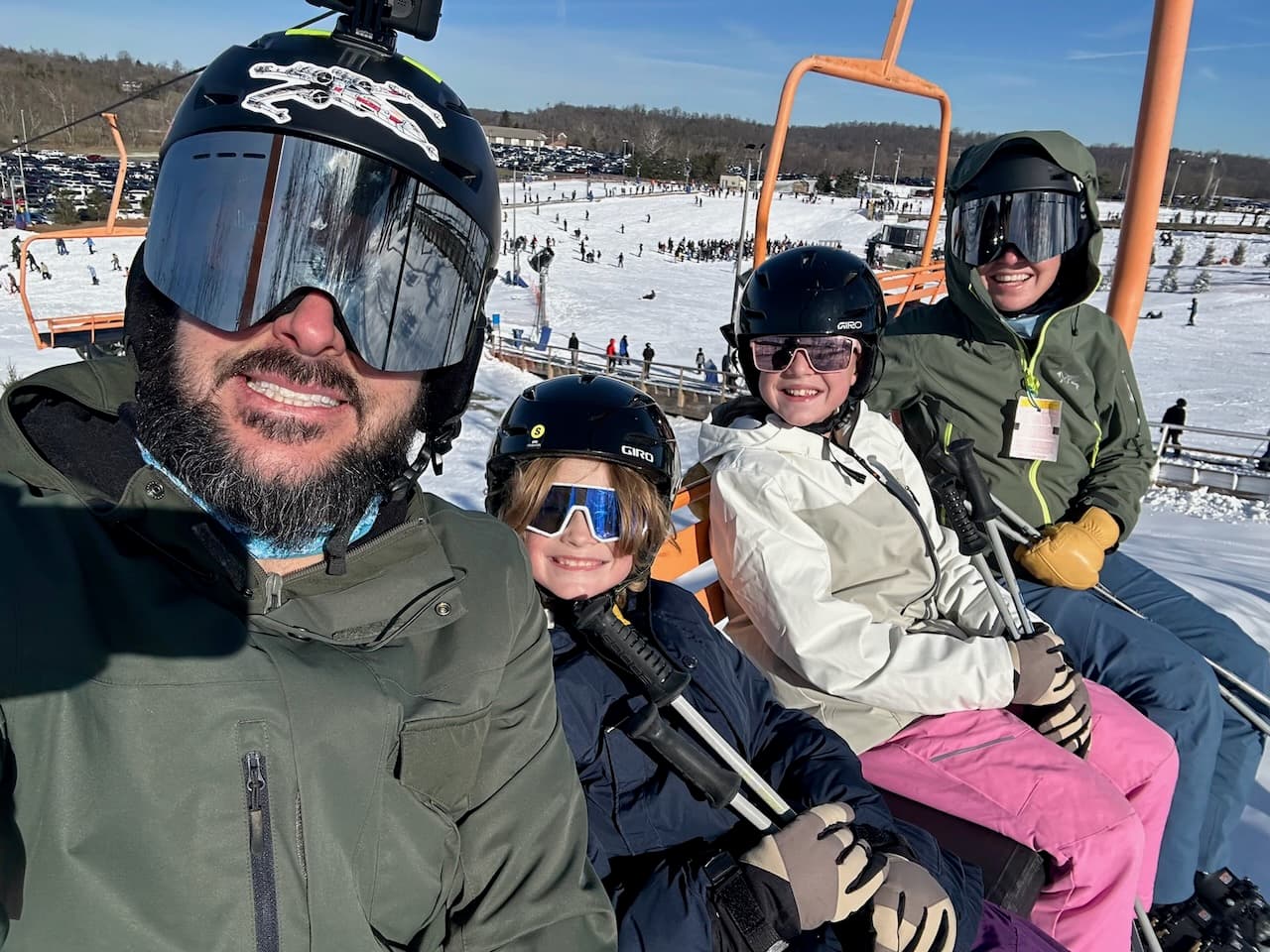 Sam and Chase on their first chairlift at Perfect North Slopes near Cincinnati, Ohio